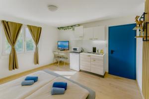 salon z niebieskimi drzwiami i kuchnią w obiekcie Zentrale Ferienwohnung w mieście Flims
