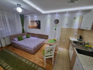 a small room with a bed and a kitchen at ZVEZDA LUX in Kruševac