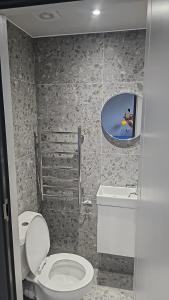 a bathroom with a toilet and a sink and a mirror at 343 Luxury in Caledonian Central London in London