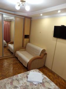 a living room with a couch and a mirror at Затишна 1 кімнатна квартира біля метро Дарниця in Kyiv