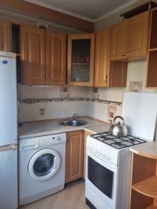 a kitchen with a washing machine and a sink at Затишна 1 кімнатна квартира біля метро Дарниця in Kyiv