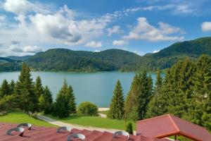 a view of a lake with mountains in the background at Chata Jozefína - lake view in Dedinky