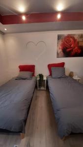 two beds sitting next to each other in a room at Le duo virtonnais - appartement 4 personnes au coeur de la gaume in Virton +1 photo