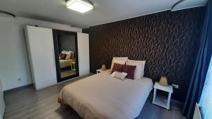 a bedroom with a large bed and a mirror at Le duo virtonnais - appartement 4 personnes au coeur de la gaume in Virton