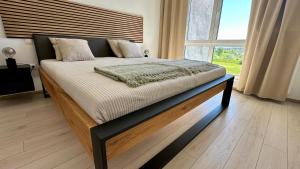 a large bed in a room with a large window at Meridian Suite in Sighişoara +17 photos