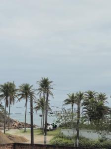 a group of palm trees next to a body of water at Pousada Praia do Guaiuba in Guarujá