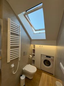 a bathroom with a toilet and a skylight at Babia Perła Zawoja in Zawoja +20 photos
