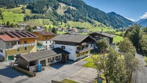 an aerial view of a village in the mountains at Apartments Enzian in Rauris