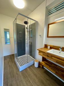 a bathroom with a shower and a sink at Ti Lodge Nature - milieu de villa - piscine partagée - location vacances Guadeloupe in Sainte-Anne
