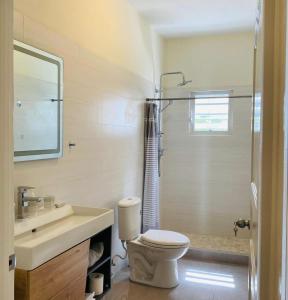 a bathroom with a toilet and a sink and a shower at Sxm Sea View Apartments in Philipsburg