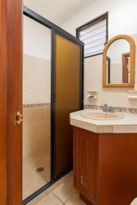 a bathroom with a shower and a sink and a mirror at Hotel Vista Caribe 5ta Av a 5 Pasos de la Playa in Playa del Carmen
