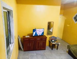 a living room with a tv and a mirror at Próximo ao Hangar - COP30 in Belém