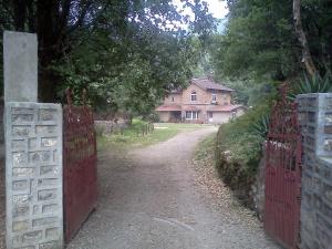 a driveway leading to a house with a red gate at Raj Kot in Nainital