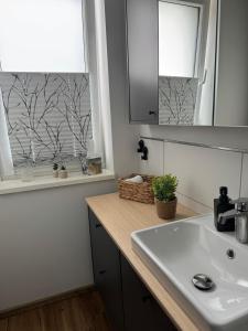 a kitchen counter with a sink and a window at Parkblick in Thale