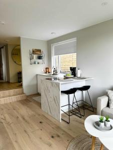 een keuken en een woonkamer met een keukeneiland met krukken bij Beautiful small apartment in the center of Reykjavík in Reykjavík