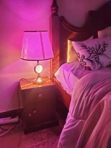 a bed with a night stand with a lamp on it at Blissful Suite, Studio BNB at Kamakis, Ruiru- in Ruiru