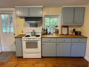 a kitchen with gray cabinets and a white stove at Quaco Cottages-The Shipbuilder's Summer Kitchen in Saint Martins