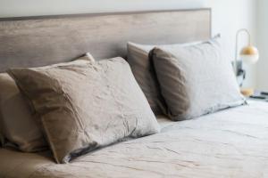 a bed with two pillows on top of it at Zielo 3bdrm 2 bath Private balcony, Rooftop Walk to Zocalo in Mexico City