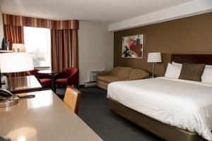 a hotel room with a large bed and a couch at Hôtel WelcomInns in Boucherville +20 photos