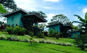 two blue houses in a yard with grass at Cabañas Vista Verde opción sin jacuzzi in San Vito +26 photos