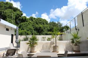 a patio with chairs and palm trees and a fence at Hotel Casa Vivaldi in Mérida