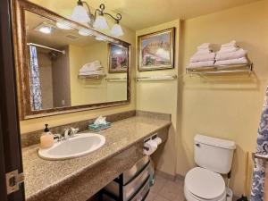 Mount Crested ButteにあるGrand Lodge Studio Pool Hot Tub Pets Skiingの洗面台、トイレ、鏡のあるバスルーム