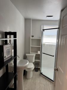 a bathroom with a toilet and a sink and a shower at Calm Retreat in Plainview