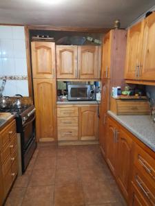 a small kitchen with wooden cabinets and a microwave at Hospedaje de la Abu in Coihaique
