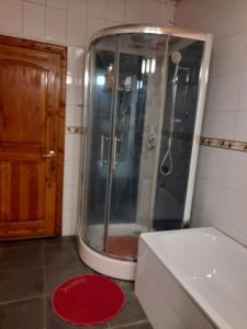 a bathroom with a shower and a tub and a red rug at Hospedaje de la Abu in Coihaique
