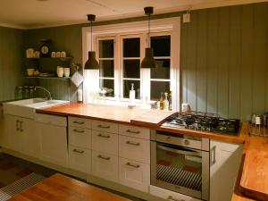 eine Küche mit Arbeitsplatte und Spüle in der Unterkunft Family Cabin By The Fjord In Tysnes in Uggdalseidet
