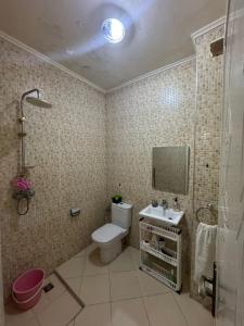a bathroom with a toilet and a sink and a shower at Elegant Seaside Retreat 80m from Beach, Pool & BBQ in Aghroude
