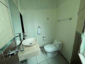 a bathroom with a toilet and a sink at Hotel Leilani in San Andrés Sinaxtla