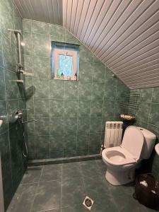 a bathroom with a toilet and a window at Family Guest House in Bakuriani