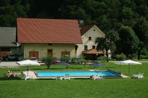 ein Haus mit einem Pool und einigen Stühlen und Sonnenschirmen in der Unterkunft Tourist Farm Zelinc in Cerkno