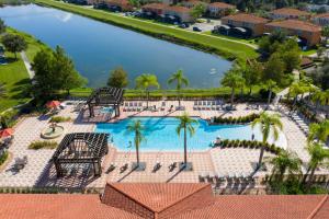 Vista aérea de una piscina con palmeras y agua en Luxury 12BR Home w Pool Theater Game Room, en Kissimmee