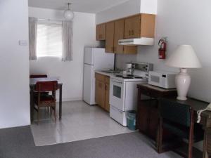 una piccola cucina con un frigorifero bianco e un tavolo di Canyon Alpine Motel a Boston Bar