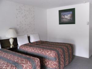 una stanza d'albergo con due letti e una lampada di Canyon Alpine Motel a Boston Bar