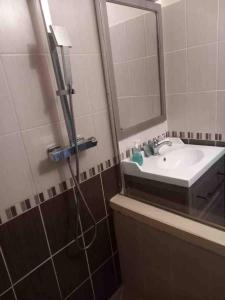 a bathroom with a sink and a shower with a mirror at House, lot, secure private parking in Issoudun +11 photos