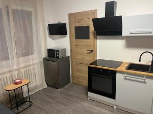 a kitchen with a stove and a sink and a microwave at Apartmán Jonas - Riegrova 41 in Děčín