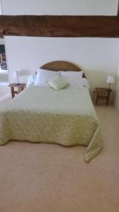 1 cama con edredón y almohadas verdes en Domaine d'Harlot, en Saint-Éloi