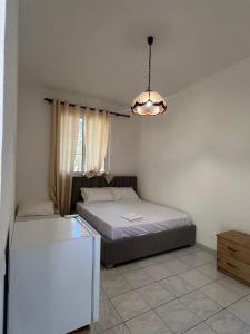 Darëzeza e ReVjosa River Rooms的一间有两张床和一盏枝形吊灯的卧室