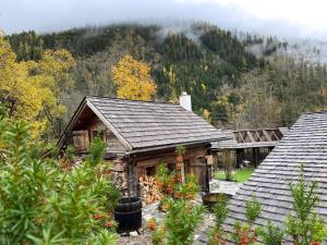 a log cabin with a mountain in the background at Romantikhütte in Flattach +12 photos