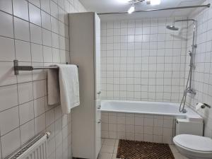 a bathroom with a white tub and a toilet at Luxury Penthouse 15 Min to Wiesn with Parking, Balcony in Munich