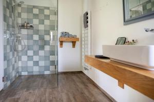 a bathroom with a sink and a shower at De Heerlijkheid in Groenlo