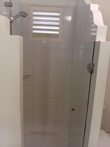 eine Dusche mit Glastür im Badezimmer in der Unterkunft Studio Saint Vincent 13 in Sainte-Luce