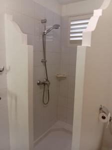 eine Dusche mit Duschkopf in einem Badezimmer in der Unterkunft Studio Saint Vincent 13 in Sainte-Luce