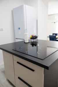 une cuisine avec un comptoir noir dans une pièce dans l'établissement Una Riverside Heritage House, à Bihać 30 autres photos