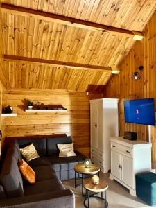 a living room with a couch and a refrigerator at Domek wakacyjny "Sosnowy Zakątek" in Stegers +14 photos