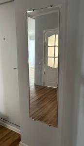 a mirror on a wall in a room at Minimalist 2-room Apartment in Aktobe