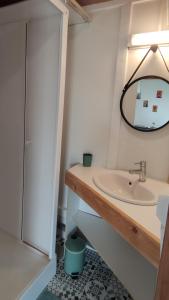 a bathroom with a sink and a mirror at Chalet à la campagne chez Sabine in Saint-Beauzire